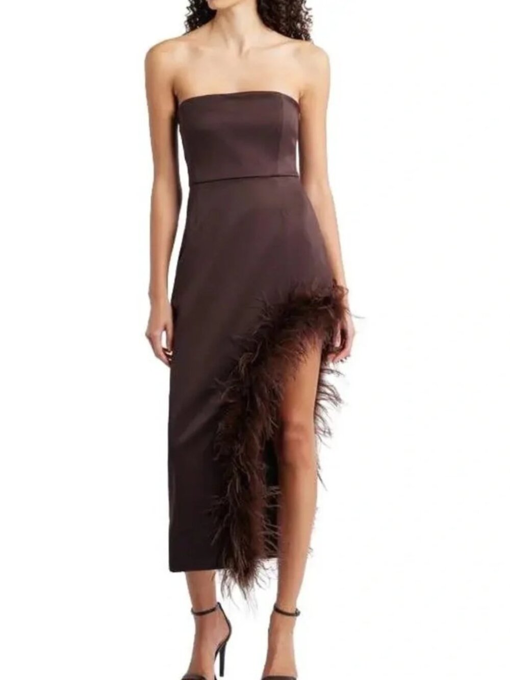 Delfi Collective Jocelyn Strapless Satin Feather Trim Midi Dress Chocolate Brown